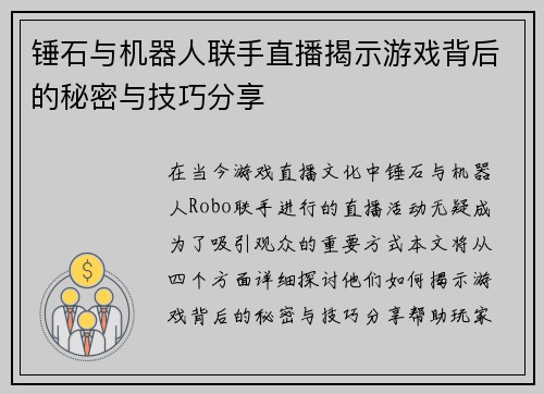 锤石与机器人联手直播揭示游戏背后的秘密与技巧分享