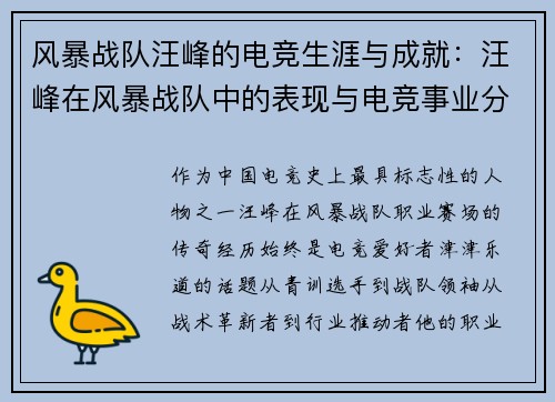 风暴战队汪峰的电竞生涯与成就：汪峰在风暴战队中的表现与电竞事业分析